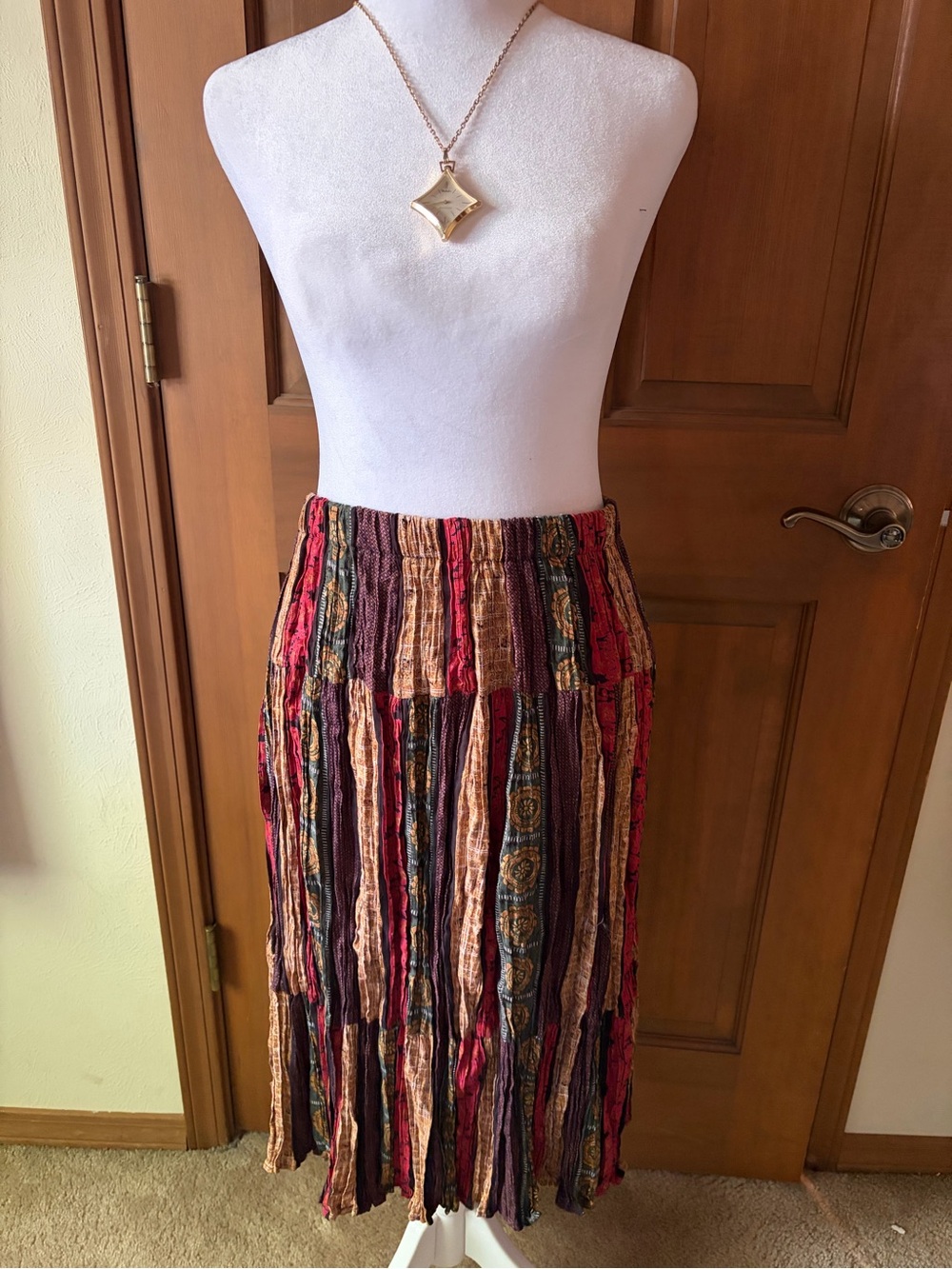 Vintage Boho Textured Tiered Midi Skirt - Multicolor
